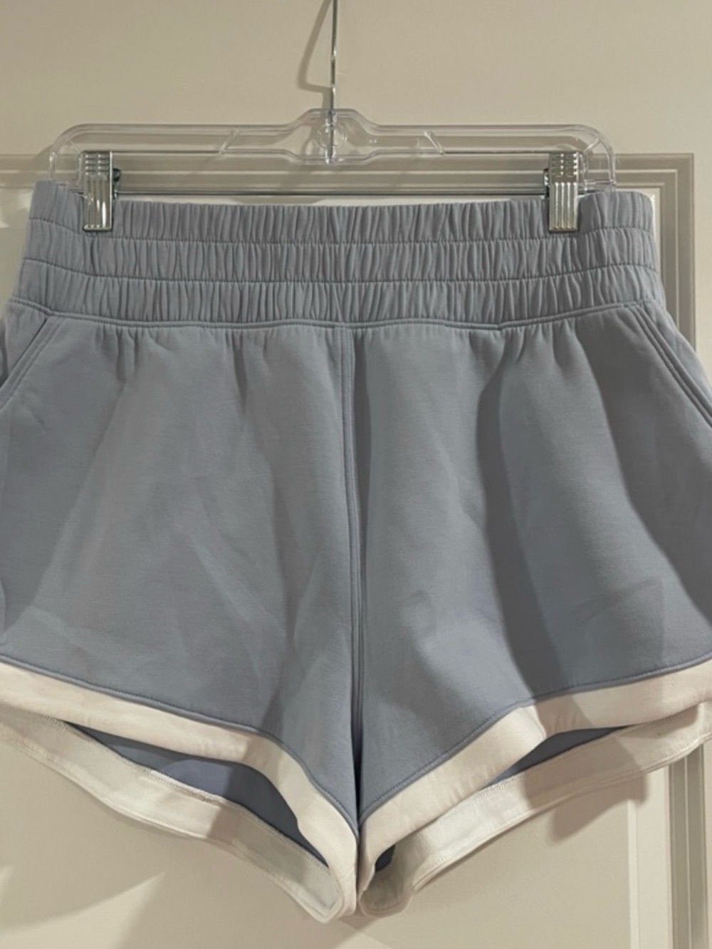 A&F YPB High-Waist Neo-Knit Shorts in Slate Blue with Contrast Trim